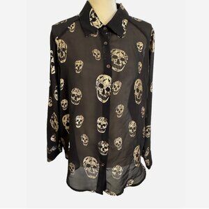 CLEO Gold Skulls Top 2X Black Chiffon Blouse Goth